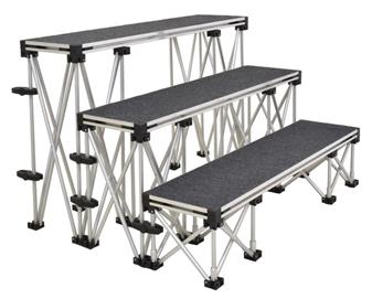 Three Steps For An 830mm High Stage - Comprised Of A 2m x 0.52m Riser 200mm High & A 2m x 0.52m Riser 400mm High, A 2m x 0.52m Riser 600mm High, With Riser Clamps Added thumbnail