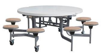 Premium Round Mobile Folding Table White Gloss Top Oak Stools thumbnail