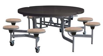 Premium Round Mobile Folding Table Black Gloss Top & Oak Stool Seats